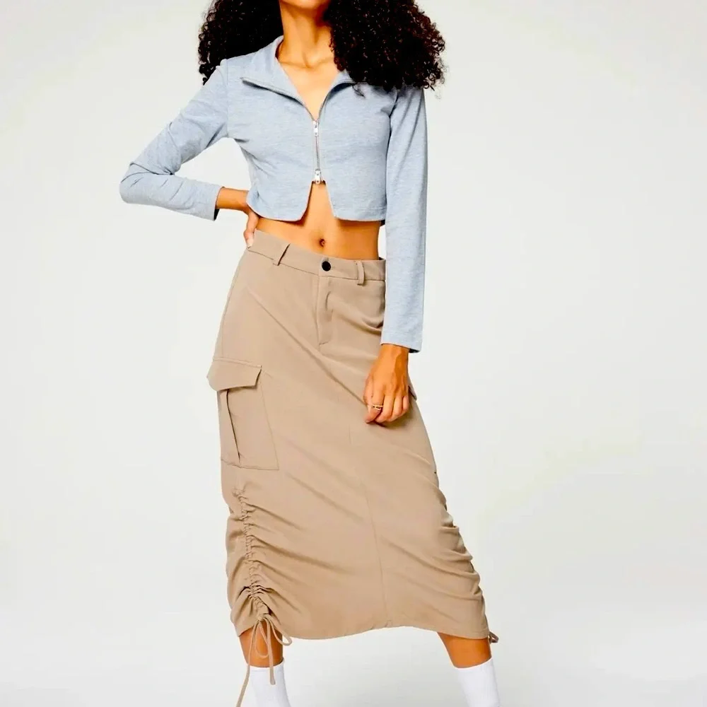 Cider Beige Midi Skirt cargo with Pocket and Drawstring - Picture 1 of 11